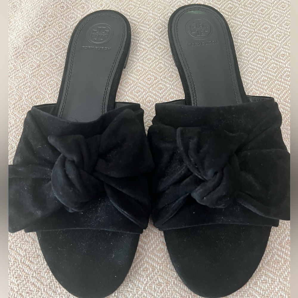 {9M} Tory Burch Annabelle Knotted Bow Slide Sandal Black Suede Velvet